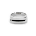 Polished silver metal ring with a wide band and a central black inlay, emulating an equals sign. The inside of the band is engraved with '925 USA'.