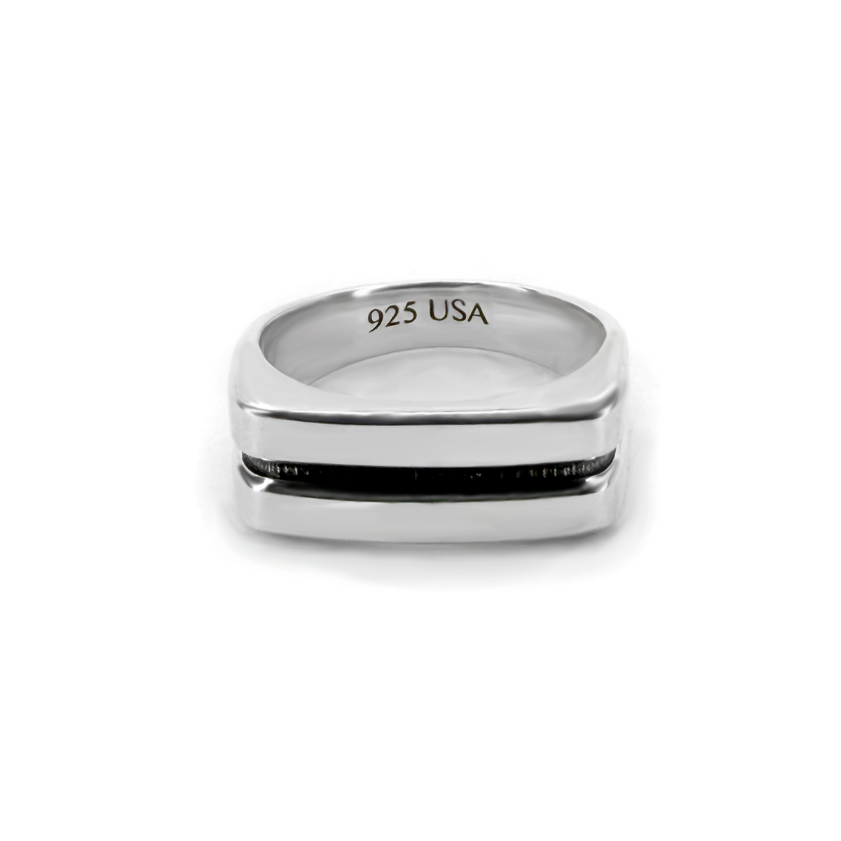 Polished silver metal ring with a wide band and a central black inlay, emulating an equals sign. The inside of the band is engraved with '925 USA'.