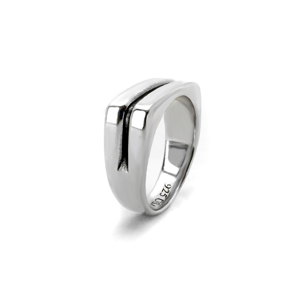Side view of a polished silver metal ring with a slightly tapered rectangular face and a black central channel detail. The inside of the ring is engraved with '925 USA'.