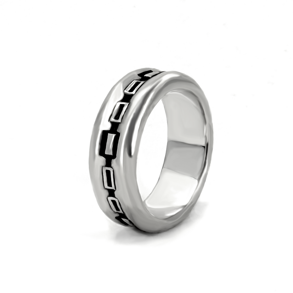 Side of view silver band ring with black geometric detailing. 