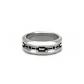 Silver band ring with black geometric detailing. 