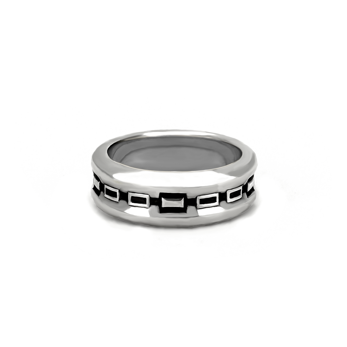 Silver band ring with black geometric detailing. 