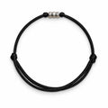Adjustable black cord bracelet with silver geometric beads