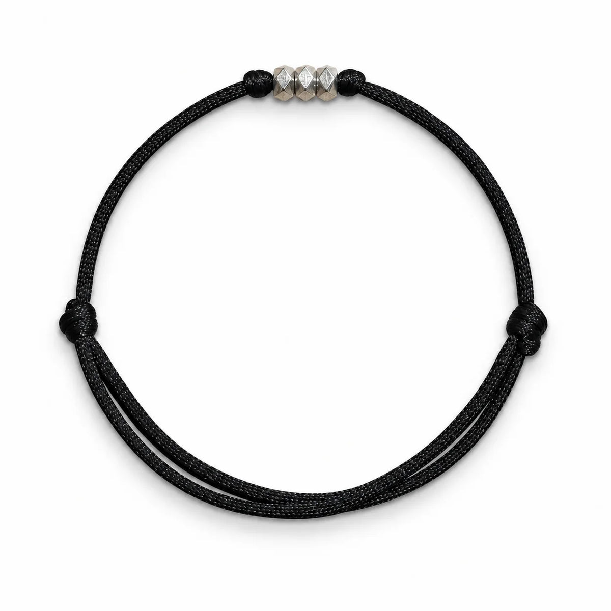 Adjustable black cord bracelet with silver geometric beads