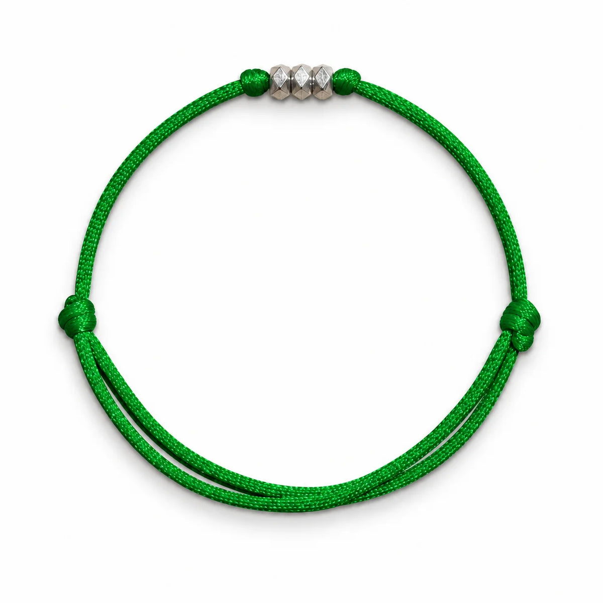 Adjustable green cord bracelet with silver geometric beads