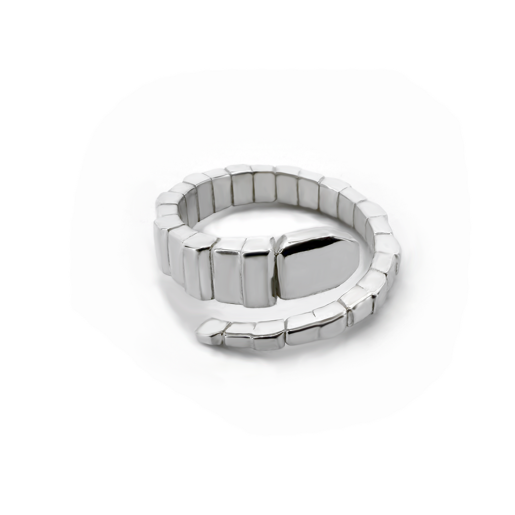 Polished silver stretch band ring shaped like a snake. Featuring a segmented block design. 