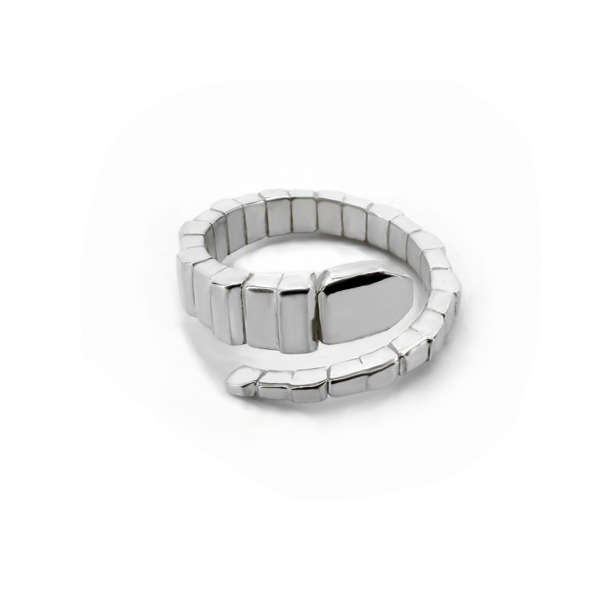 Polished silver stretch band ring shaped like a snake. Featuring a segmented block design. 