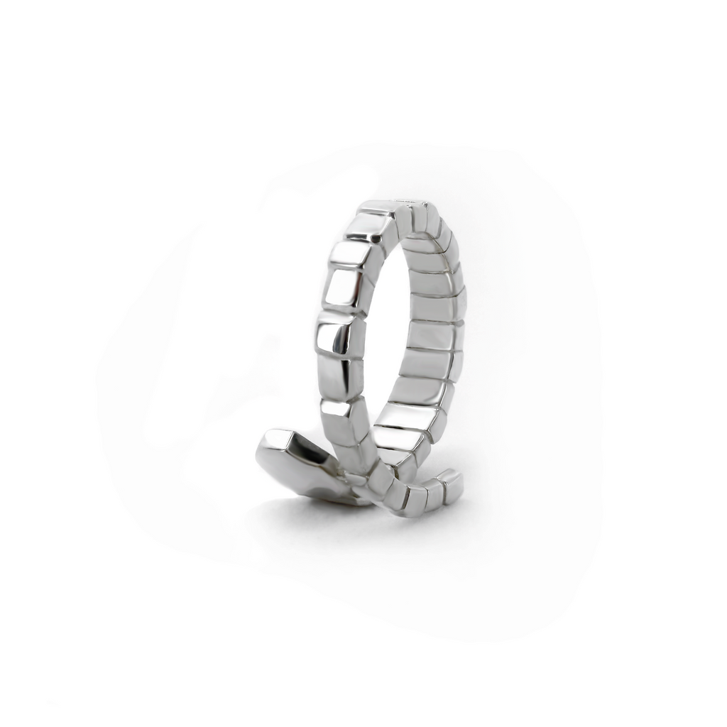 Side view of silver stretch band ring shaped like a snake. Featuring a segmented block design. 
